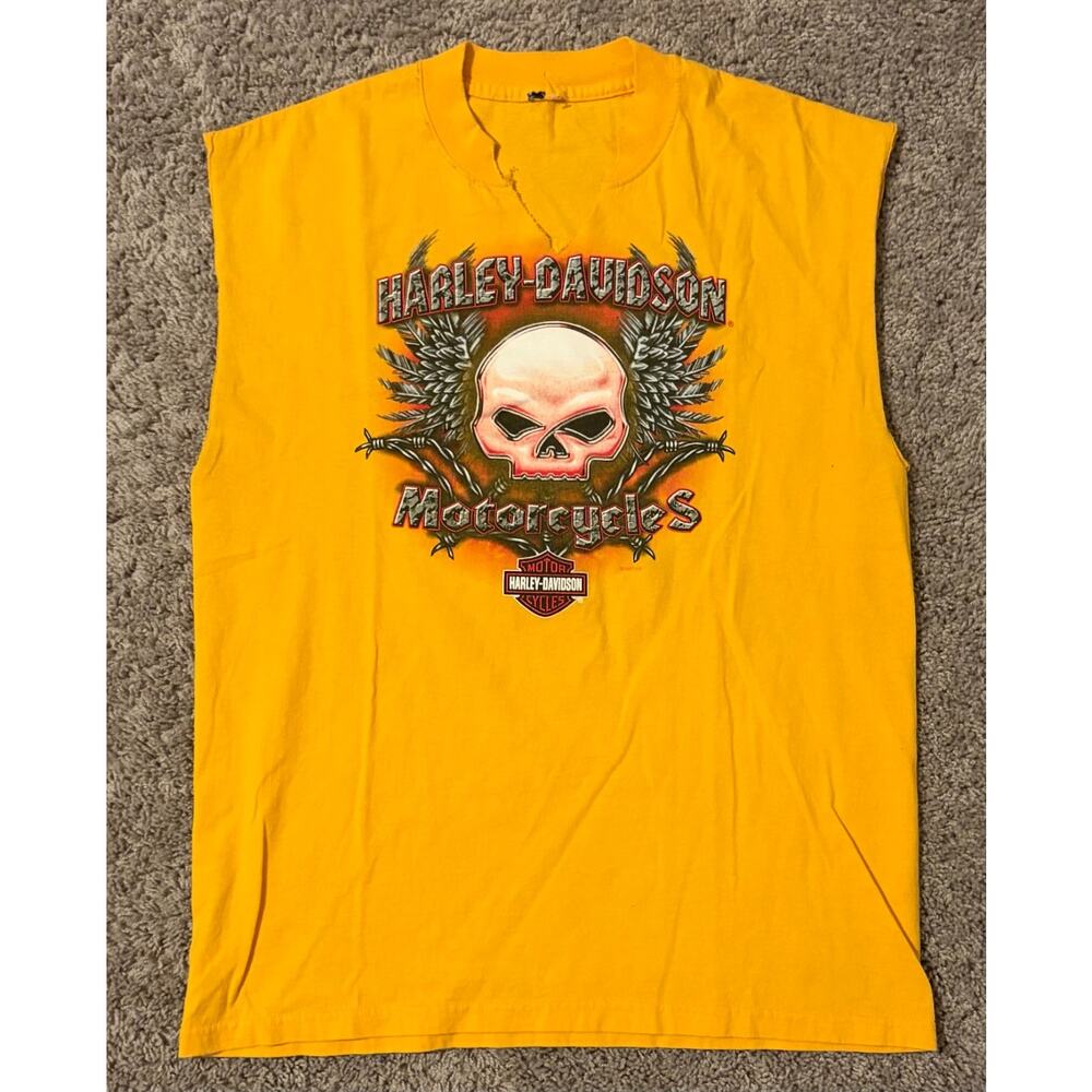 Harley Davidson Tank Mens Yellow Skull Barbed Wire Graphic Moto Biker - Flaws
